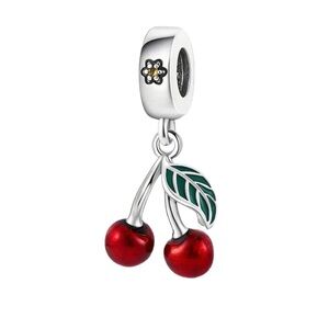 S925 Sterling Silver & Enamel Cherry Charm Pendant in Red and Green - NWT